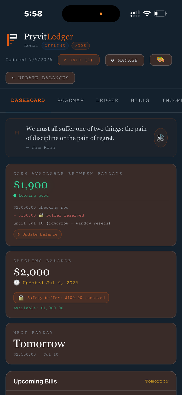 PryvitLedger dashboard — cash available between paydays
