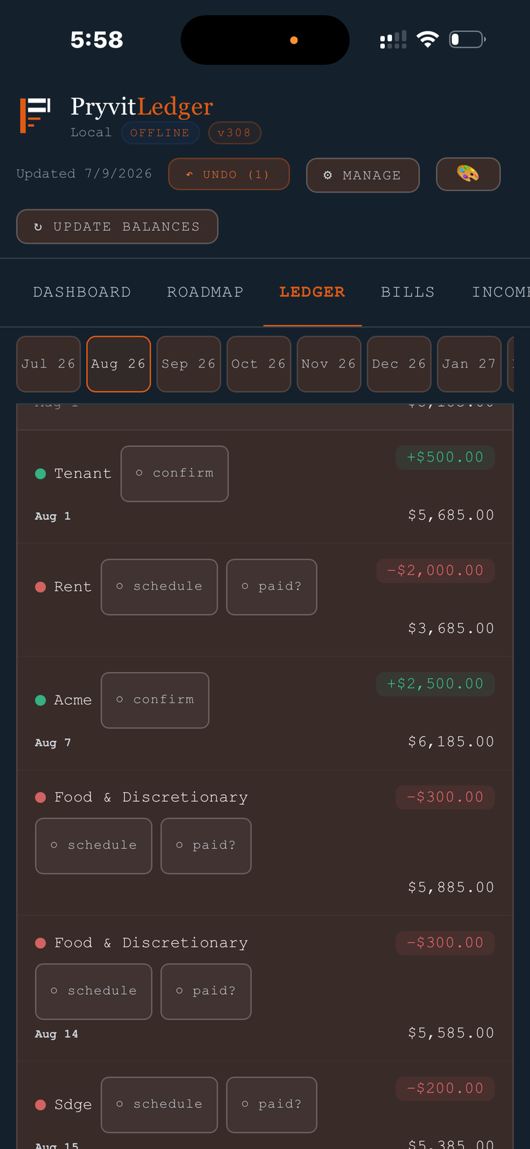 Day-by-day ledger with running balance and payment tracking