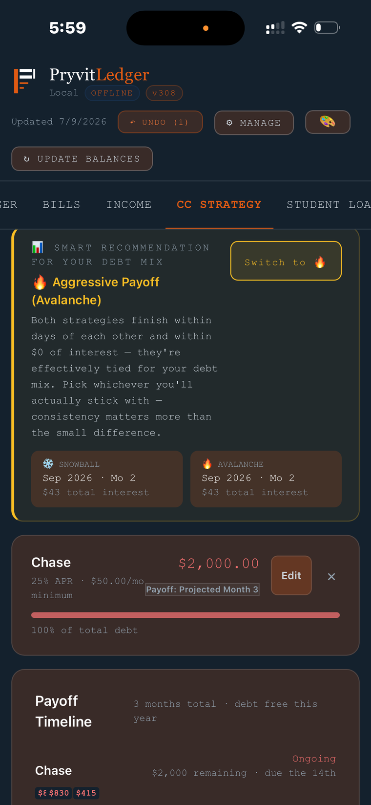 Debt payoff strategy comparison — snowball vs avalanche